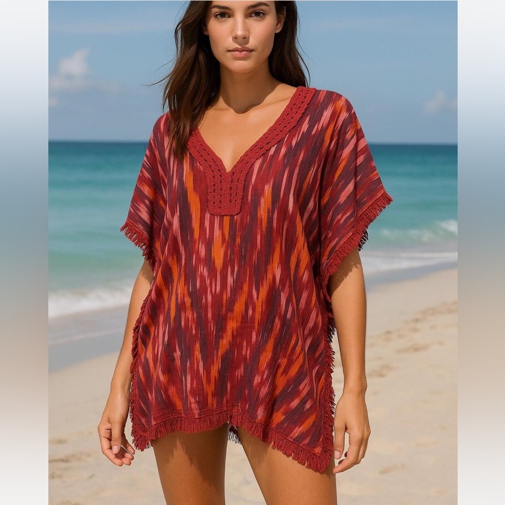 Calypso St. Barth Red & Orange Ikat Caftan Swim Cover-Up